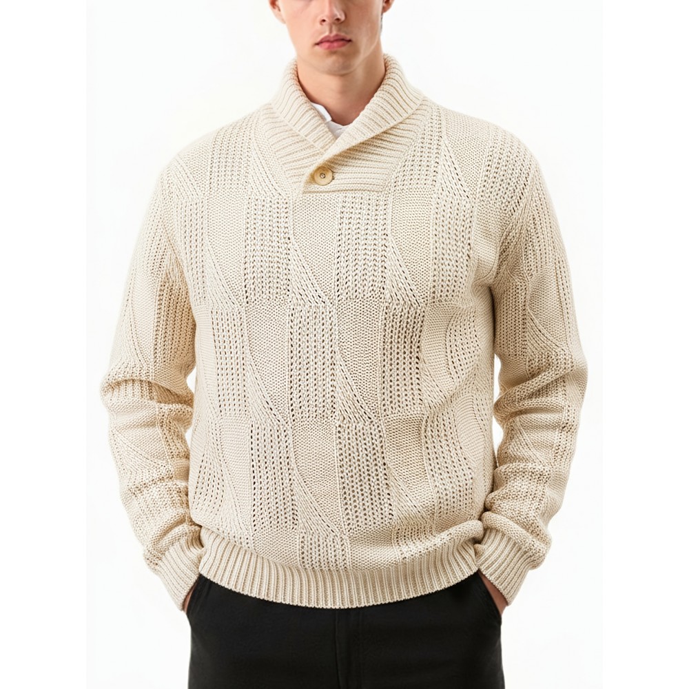 Men's Solid Color Knit Sweater - Beige//White/Gray/Navy/Brown - Long Sleeve Lapel Collar Button-Front Closure, Thick Warm Winter Sweater for Casual & Formal Wear, Versatile Layering Essential for Autumn and Winter, Easy Care (Hand Wash/Dry Clean) - Men's Fashion Sweater with Classic Turtleneck Design, Smooth Texture, and Minimalist Style for Casual Attire in Neutral Tones