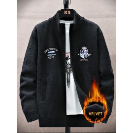 Men'S Thick Warm Winter Jacket with Plush - Geometric Pattern Full-Zip Casual Coat, Stand Collar & Long Sleeve, Grey/Navy, Versatile Outerwear for Everyday & Semi-Formal Occasions, Durable & Comfortable Cold-Weather Coat