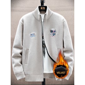 Men'S Thick Warm Winter Jacket with Plush - Geometric Pattern Full-Zip Casual Coat, Stand Collar & Long Sleeve, Grey/Navy, Versatile Outerwear for Everyday & Semi-Formal Occasions, Durable & Comfortable Cold-Weather Coat