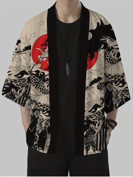 Men's Vintage Dragon Print Kimono Cardigan - Loose Fit, Sun Protection, Polyester, Casual Summer Style, Machine Washable